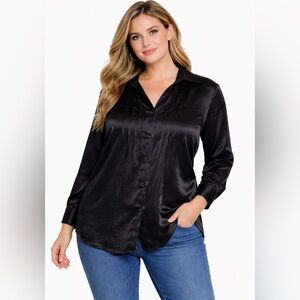 White Stag Blouse Top Black  Large 12/14 Soot Shimmer Button Down Pleats Medium‎